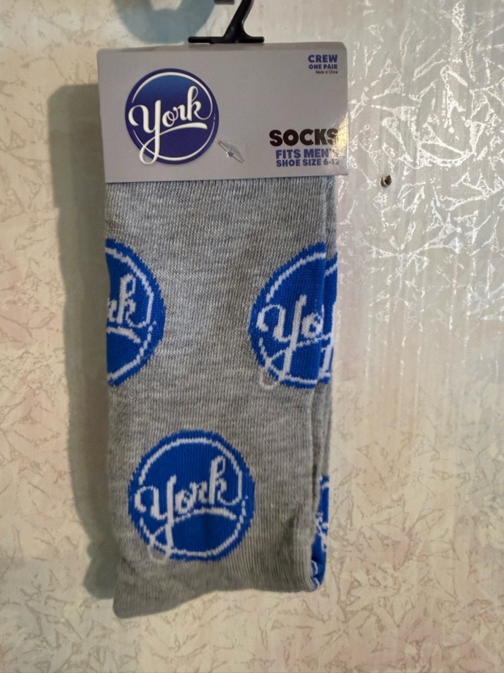 Peppermint Patties Gray Crew Socks with Blue Logo Circles, Get the Sensation!